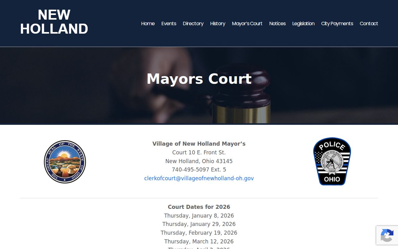 New Holland court docket Mayor's Court access page