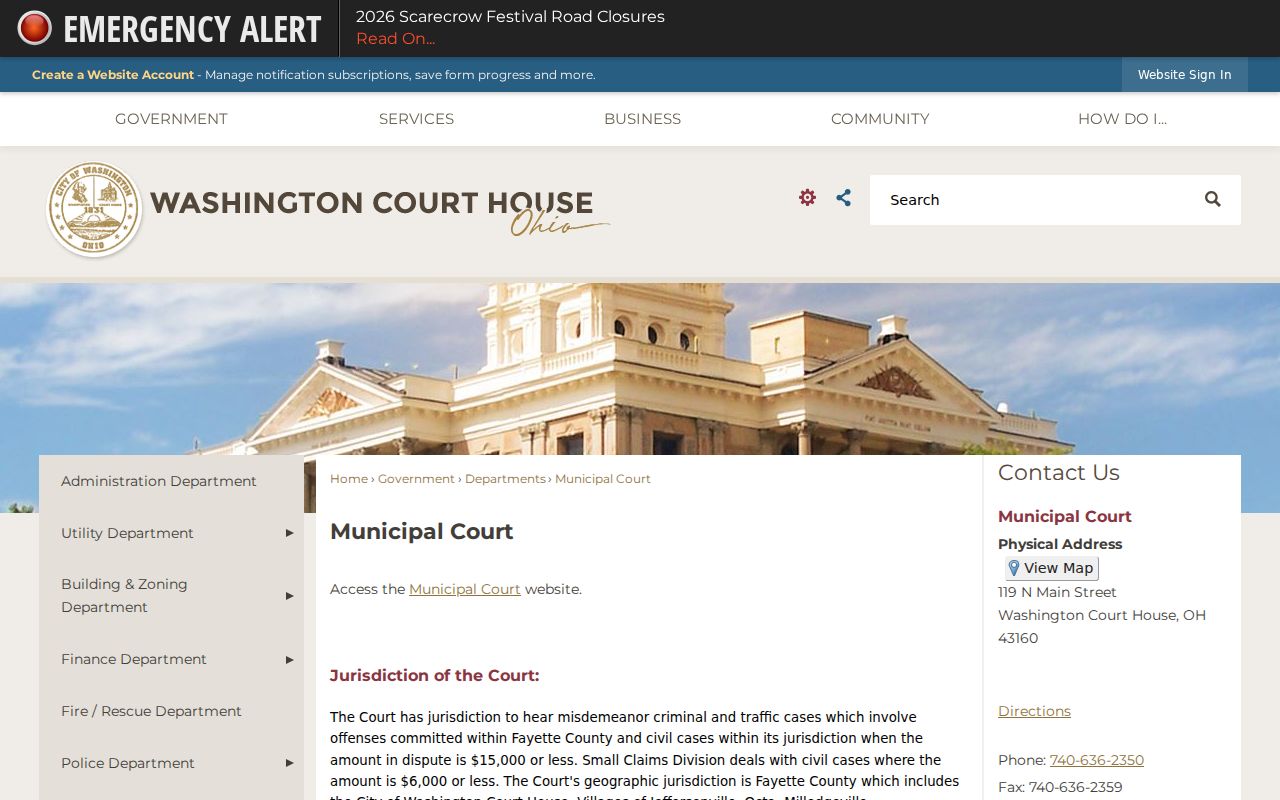 Washington Court House court docket Municipal Court location reference